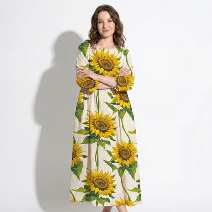 Women's Linen Maxi Dress with Boat Neck and Box Pleats Long Sleeve Loose A-Line Cut