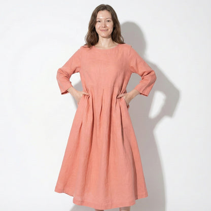 Women's Linen Maxi Dress with Boat Neck and Box Pleats Long Sleeve Loose A-Line Cut