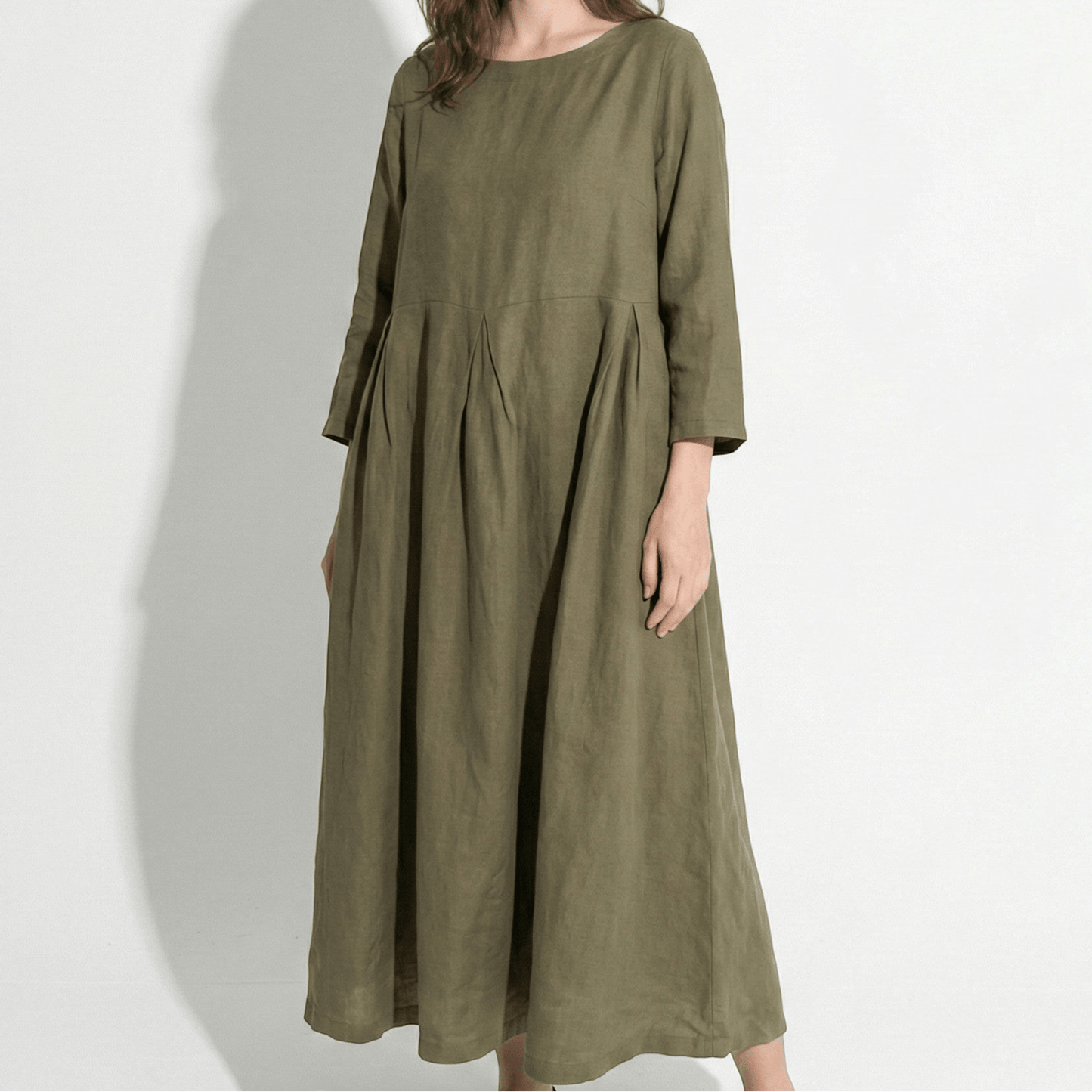 Women's Linen Maxi Dress with Boat Neck and Box Pleats Long Sleeve Loose A-Line Cut