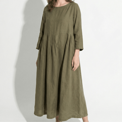Women's Linen Maxi Dress with Boat Neck and Box Pleats Long Sleeve Loose A-Line Cut