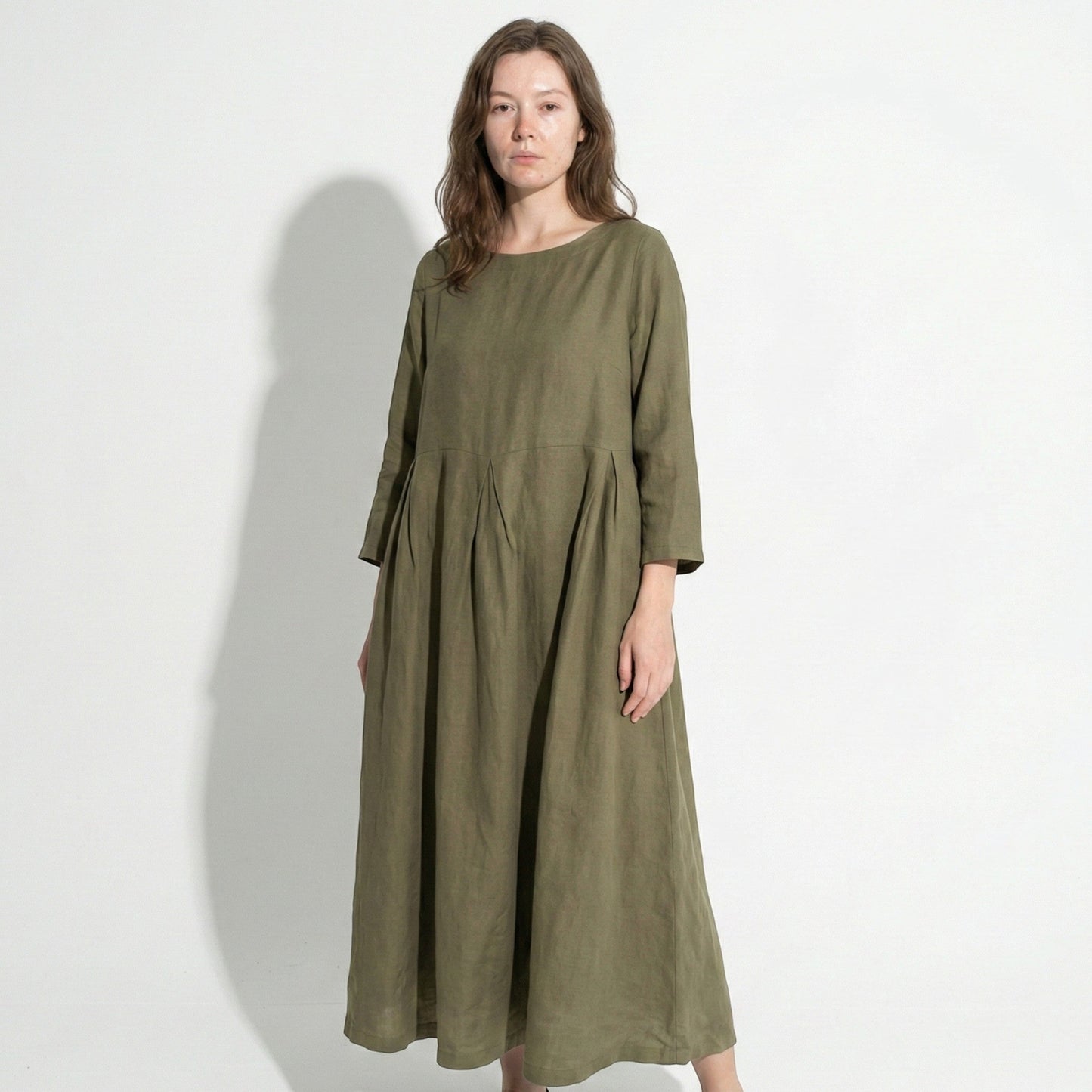 Women's Linen Maxi Dress with Boat Neck and Box Pleats Long Sleeve Loose A-Line Cut