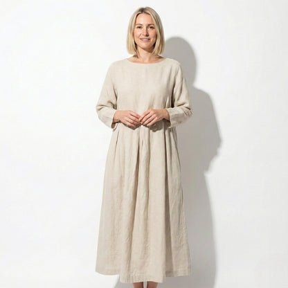 Women's Linen Maxi Dress with Boat Neck and Box Pleats Long Sleeve Loose A-Line Cut