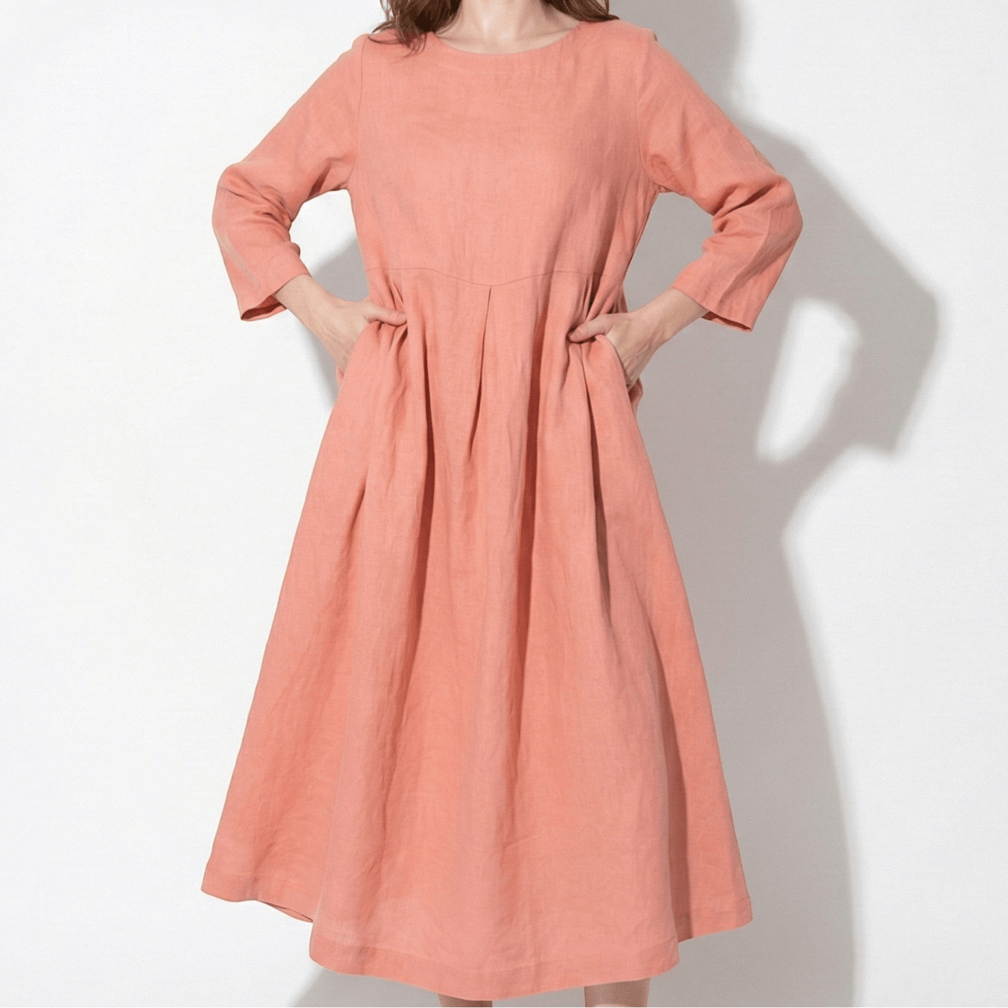 Women's Linen Maxi Dress with Boat Neck and Box Pleats Long Sleeve Loose A-Line Cut