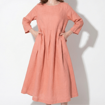 Women's Linen Maxi Dress with Boat Neck and Box Pleats Long Sleeve Loose A-Line Cut