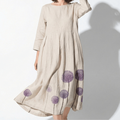 Women's Linen Maxi Dress with Boat Neck and Box Pleats Long Sleeve Loose A-Line Cut