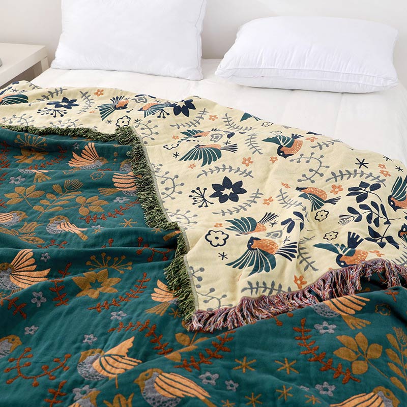 Boho cotton reversible blanket with bird and flower jacquard pattern, fringes, multi-layered sofa cover