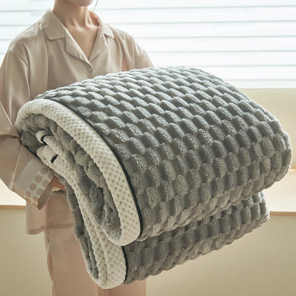 Reversible coral fleece blanket with 3D popcorn texture and contrast trim, extra thick and soft for sofa and bed