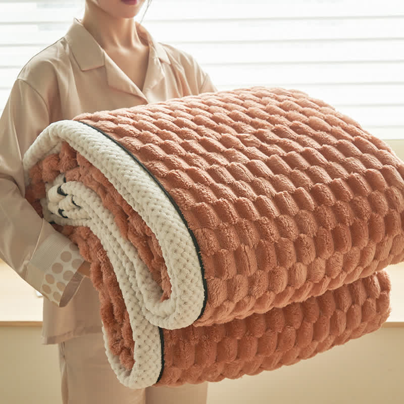 Reversible coral fleece blanket with 3D popcorn texture and contrast trim, extra thick and soft for sofa and bed