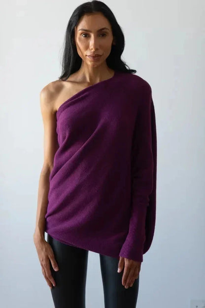 Women's sweater with asymmetrical collar and loose fit
