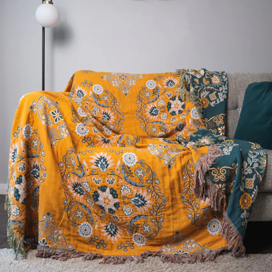 Boho cotton reversible throw with mandala pattern and fringes, sofa cover multi-layered