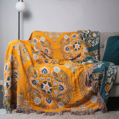 Boho cotton reversible throw with mandala pattern and fringes, sofa cover multi-layered