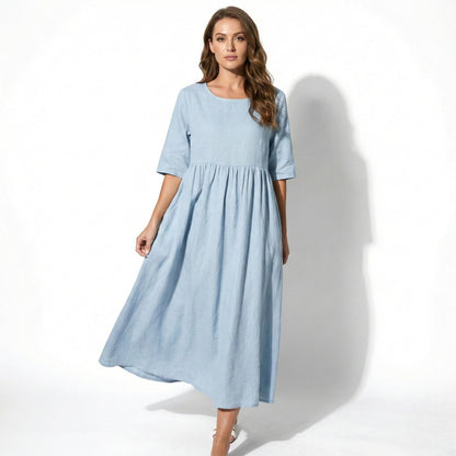 Women's Maxi Dress made of Linen with Empire Waist, Round Neckline, 3/4 Sleeves, and Side Pockets, Loose Fit