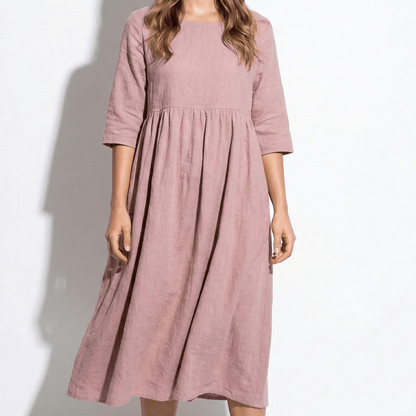 Women's Maxi Dress made of Linen with Empire Waist, Round Neckline, 3/4 Sleeves, and Side Pockets, Loose Fit