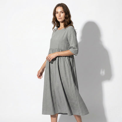 Women's Maxi Dress made of Linen with Empire Waist, Round Neckline, 3/4 Sleeves, and Side Pockets, Loose Fit