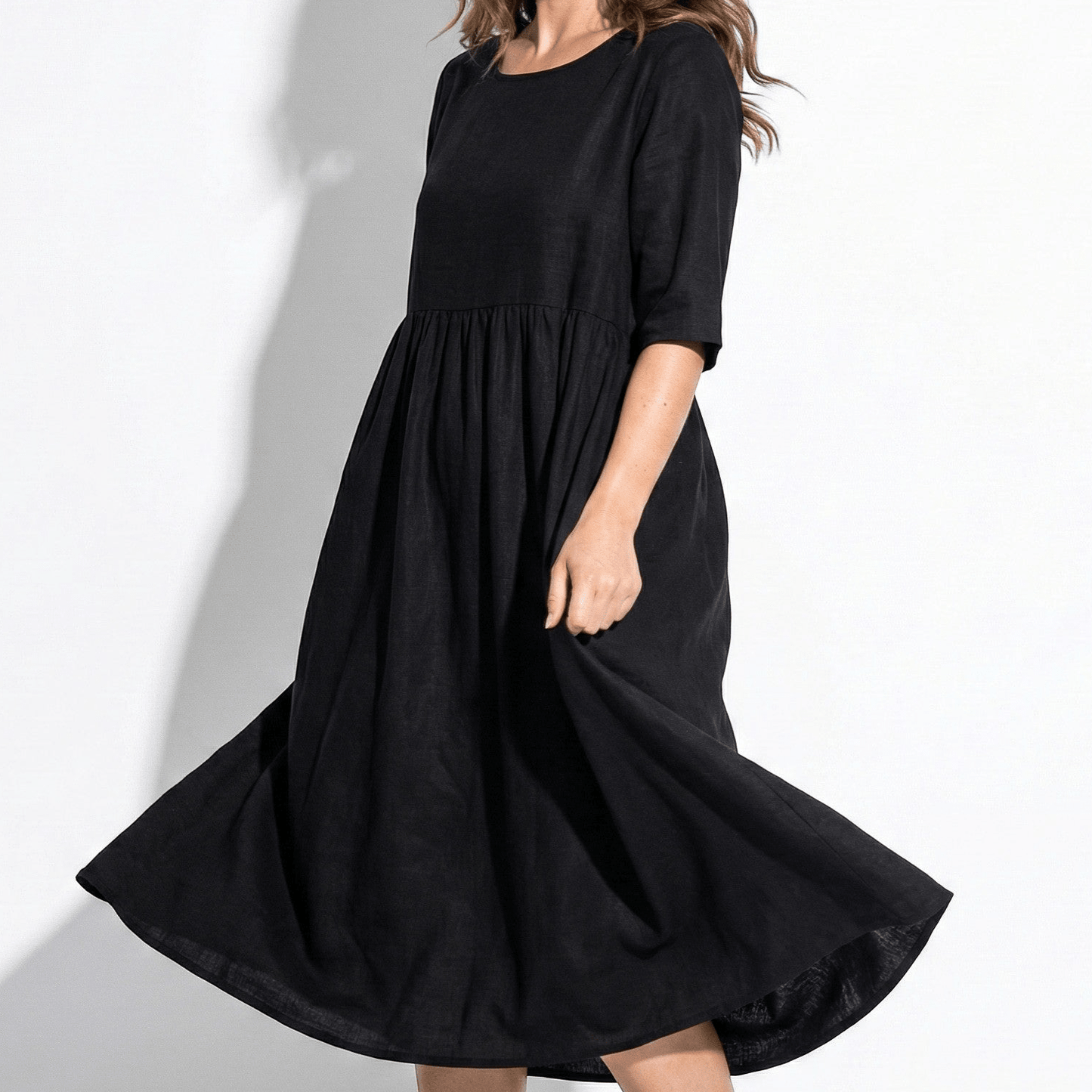 Women's Maxi Dress made of Linen with Empire Waist, Round Neckline, 3/4 Sleeves, and Side Pockets, Loose Fit