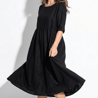Women's Maxi Dress made of Linen with Empire Waist, Round Neckline, 3/4 Sleeves, and Side Pockets, Loose Fit
