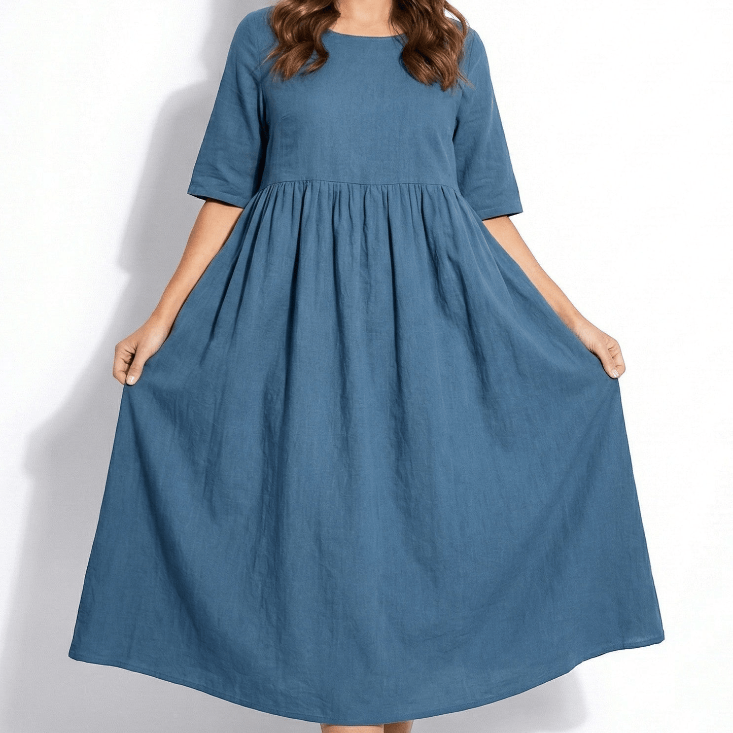 Women's Maxi Dress made of Linen with Empire Waist, Round Neckline, 3/4 Sleeves, and Side Pockets, Loose Fit