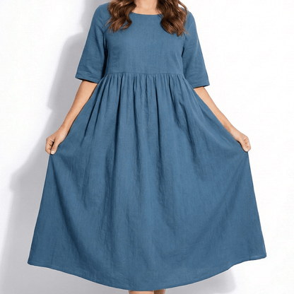 Women's Maxi Dress made of Linen with Empire Waist, Round Neckline, 3/4 Sleeves, and Side Pockets, Loose Fit
