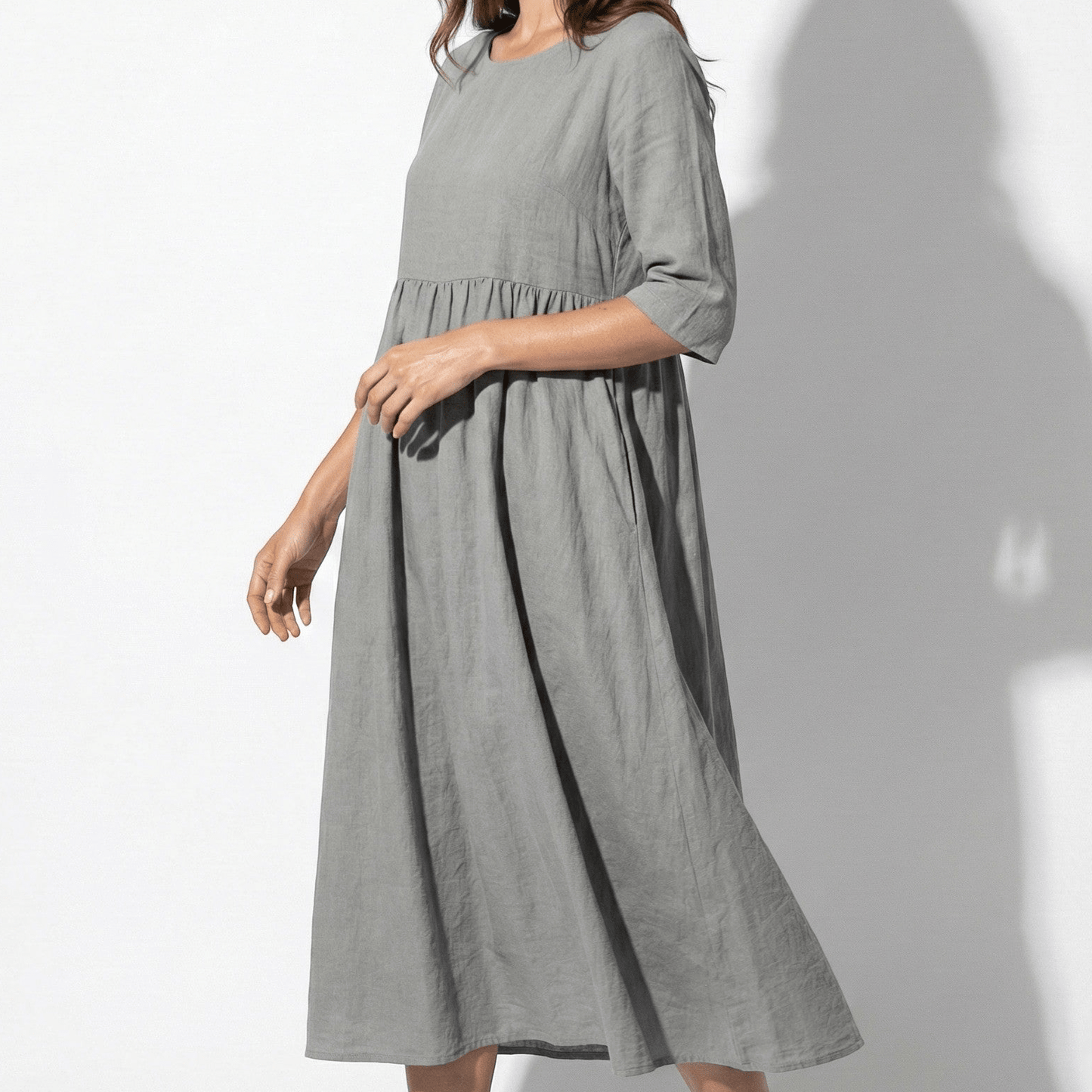 Women's Maxi Dress made of Linen with Empire Waist, Round Neckline, 3/4 Sleeves, and Side Pockets, Loose Fit