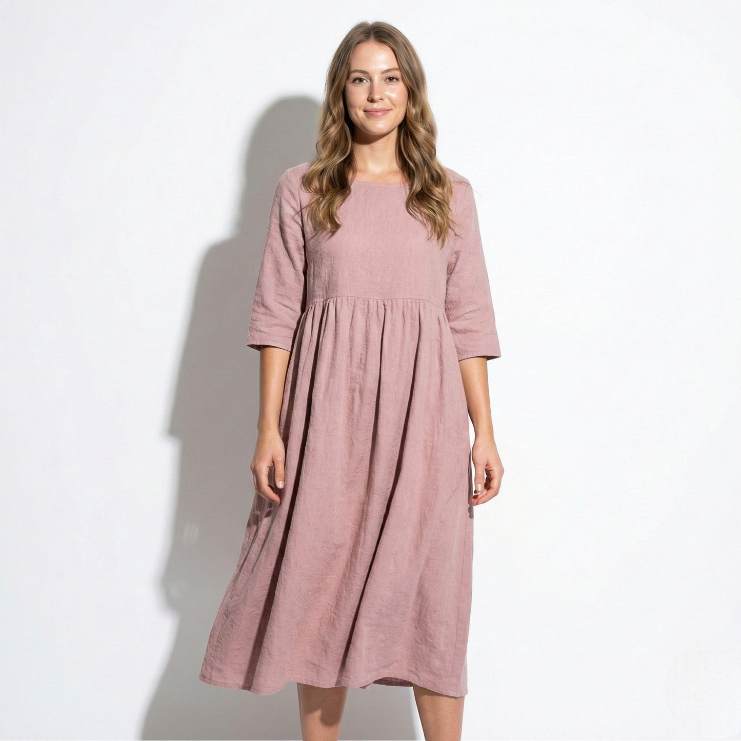 Women's Maxi Dress made of Linen with Empire Waist, Round Neckline, 3/4 Sleeves, and Side Pockets, Loose Fit