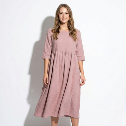 Women's Maxi Dress made of Linen with Empire Waist, Round Neckline, 3/4 Sleeves, and Side Pockets, Loose Fit