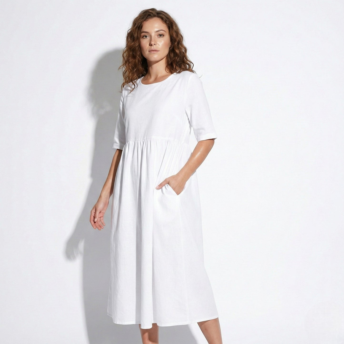 Women's Maxi Dress made of Linen with Empire Waist, Round Neckline, 3/4 Sleeves, and Side Pockets, Loose Fit