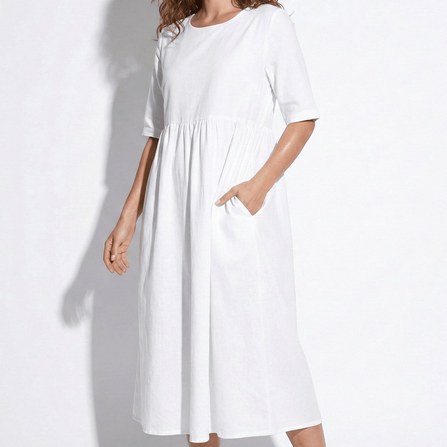 Women's Maxi Dress made of Linen with Empire Waist, Round Neckline, 3/4 Sleeves, and Side Pockets, Loose Fit