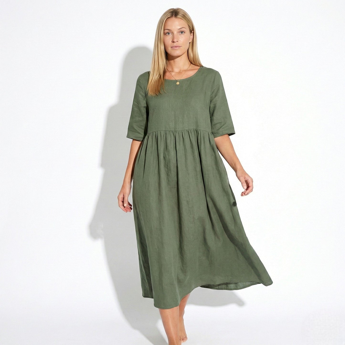 Women's Maxi Dress made of Linen with Empire Waist, Round Neckline, 3/4 Sleeves, and Side Pockets, Loose Fit