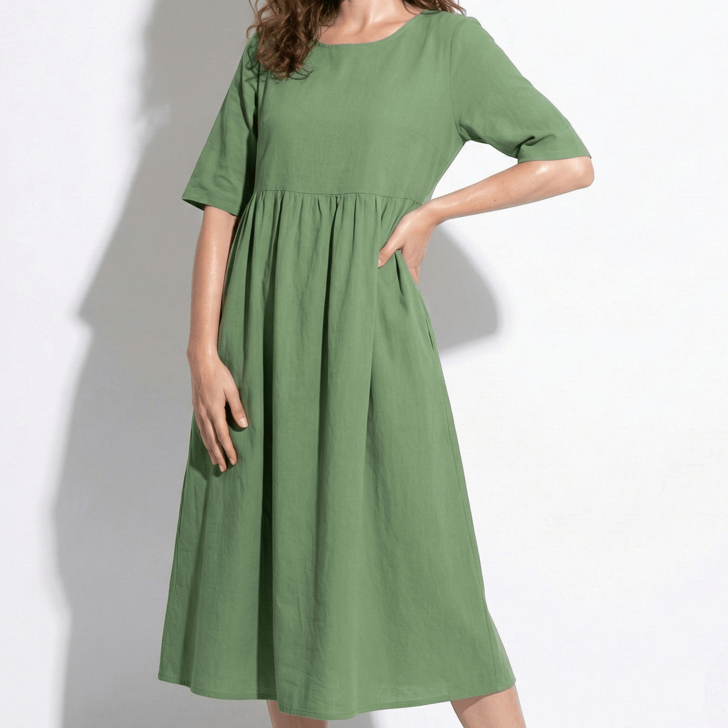 Women's Maxi Dress made of Linen with Empire Waist, Round Neckline, 3/4 Sleeves, and Side Pockets, Loose Fit