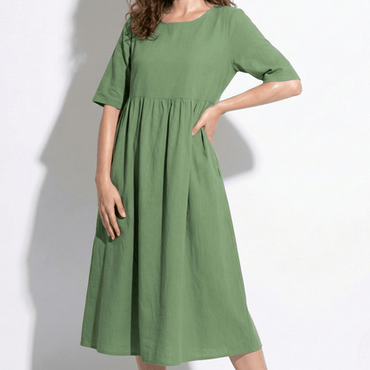 Women's Maxi Dress made of Linen with Empire Waist, Round Neckline, 3/4 Sleeves, and Side Pockets, Loose Fit