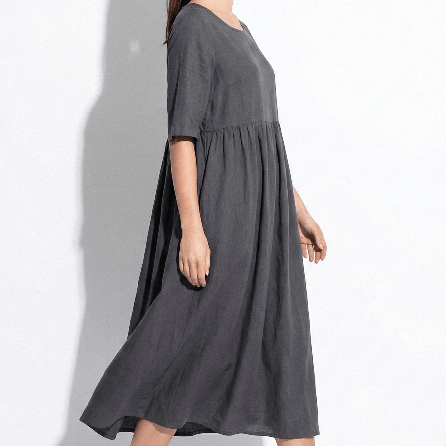 Women's Maxi Dress made of Linen with Empire Waist, Round Neckline, 3/4 Sleeves, and Side Pockets, Loose Fit