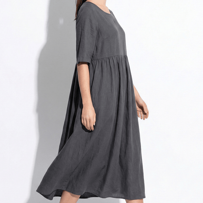 Women's Maxi Dress made of Linen with Empire Waist, Round Neckline, 3/4 Sleeves, and Side Pockets, Loose Fit