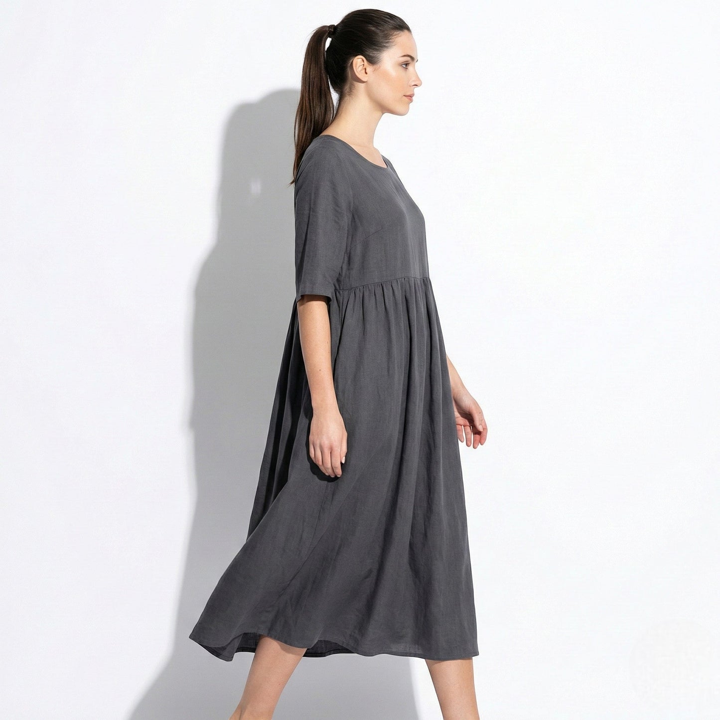 Women's Maxi Dress made of Linen with Empire Waist, Round Neckline, 3/4 Sleeves, and Side Pockets, Loose Fit