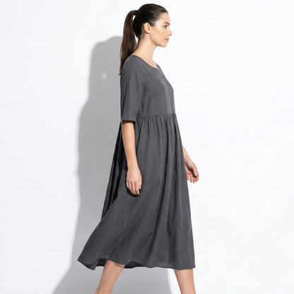 Women's Maxi Dress made of Linen with Empire Waist, Round Neckline, 3/4 Sleeves, and Side Pockets, Loose Fit