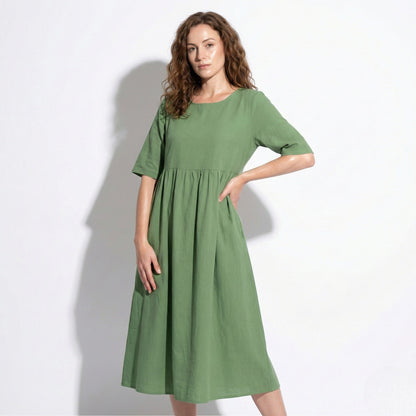 Women's Maxi Dress made of Linen with Empire Waist, Round Neckline, 3/4 Sleeves, and Side Pockets, Loose Fit