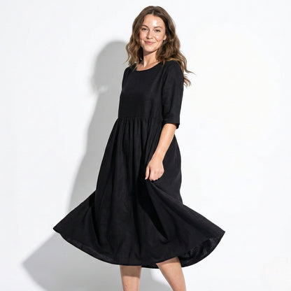 Women's Maxi Dress made of Linen with Empire Waist, Round Neckline, 3/4 Sleeves, and Side Pockets, Loose Fit