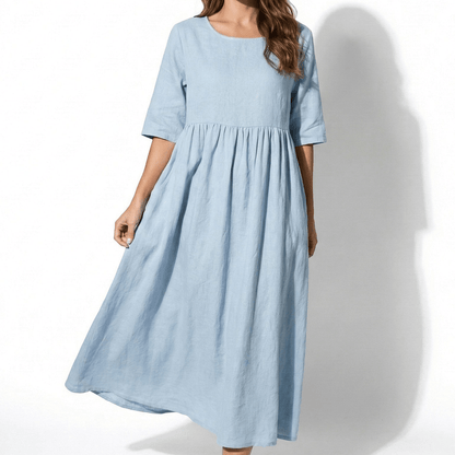 Women's Maxi Dress made of Linen with Empire Waist, Round Neckline, 3/4 Sleeves, and Side Pockets, Loose Fit