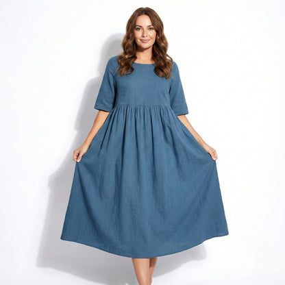 Women's Maxi Dress made of Linen with Empire Waist, Round Neckline, 3/4 Sleeves, and Side Pockets, Loose Fit