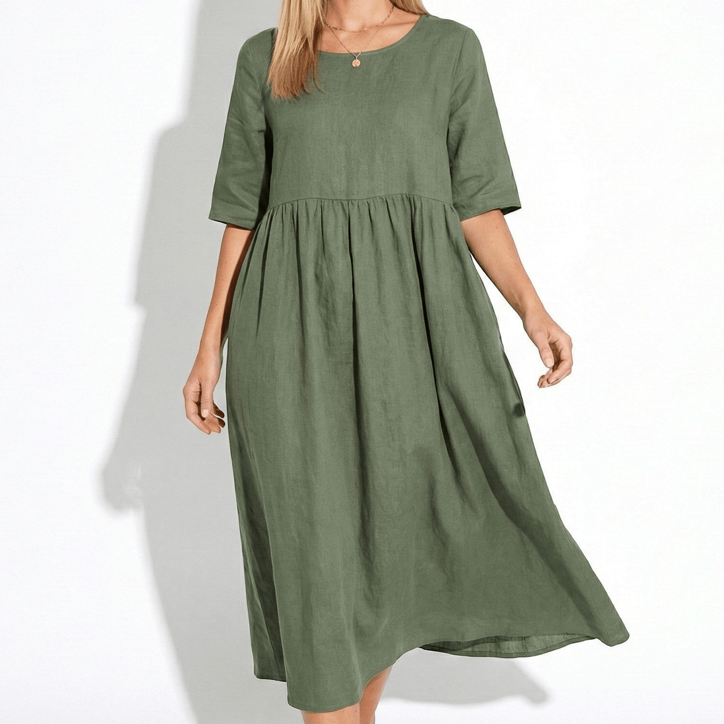 Women's Maxi Dress made of Linen with Empire Waist, Round Neckline, 3/4 Sleeves, and Side Pockets, Loose Fit