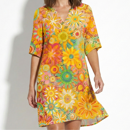 Women's Tunic Dress with V-Neck and Floral Pattern Half Sleeve Loose A-Line Cut made of Blended Fabric