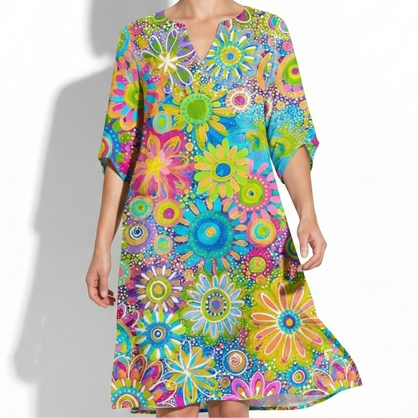 Women's Tunic Dress with V-Neck and Floral Pattern Half Sleeve Loose A-Line Cut made of Blended Fabric