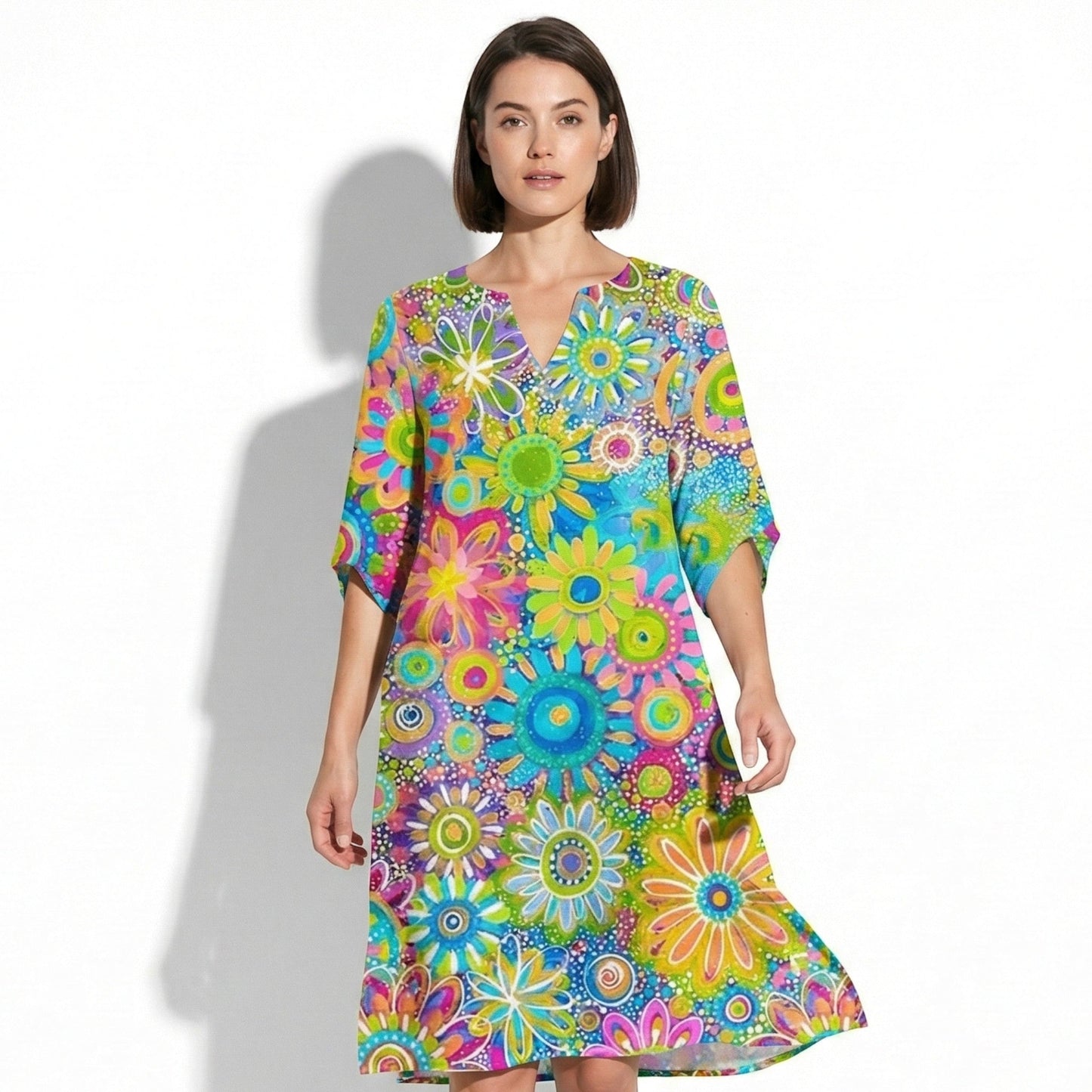 Women's Tunic Dress with V-Neck and Floral Pattern Half Sleeve Loose A-Line Cut made of Blended Fabric