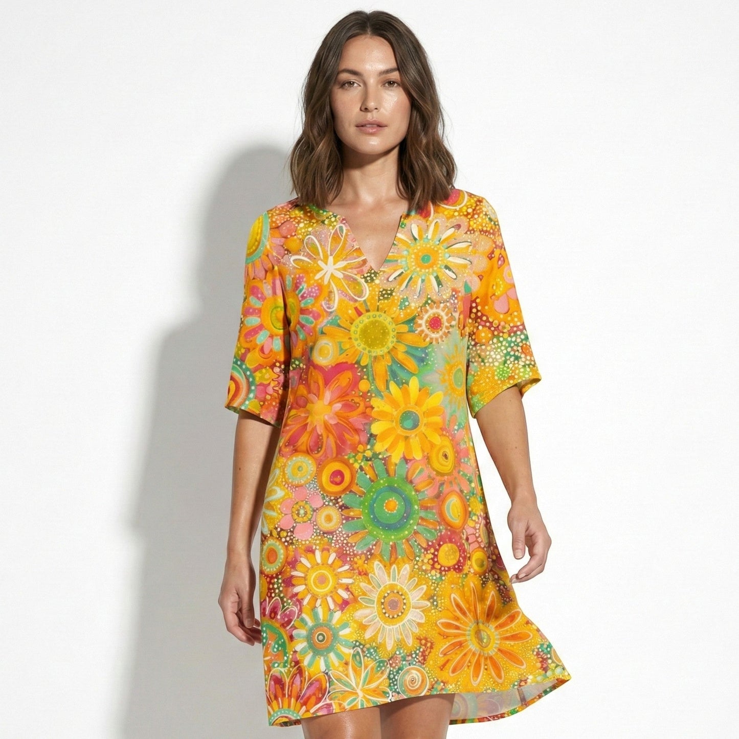 Women's Tunic Dress with V-Neck and Floral Pattern Half Sleeve Loose A-Line Cut made of Blended Fabric
