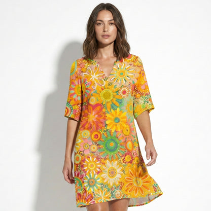 Women's Tunic Dress with V-Neck and Floral Pattern Half Sleeve Loose A-Line Cut made of Blended Fabric