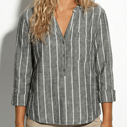 Women's Henley Blouse with Stand Collar and Stripe Pattern Roll-Up Sleeves with Tab made of Lightweight Blended Fabric