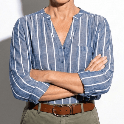 Women's Henley Blouse with Stand Collar and Stripe Pattern Roll-Up Sleeves with Tab made of Lightweight Blended Fabric