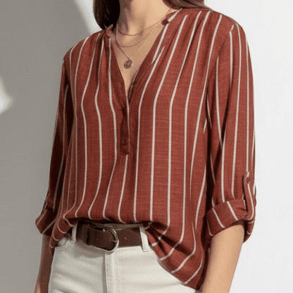 Women's Henley Blouse with Stand Collar and Stripe Pattern Roll-Up Sleeves with Tab made of Lightweight Blended Fabric
