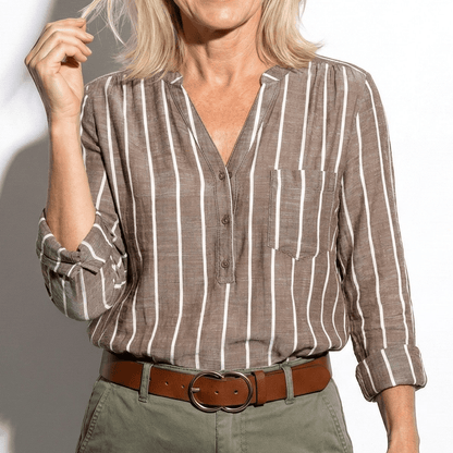 Women's Henley Blouse with Stand Collar and Stripe Pattern Roll-Up Sleeves with Tab made of Lightweight Blended Fabric