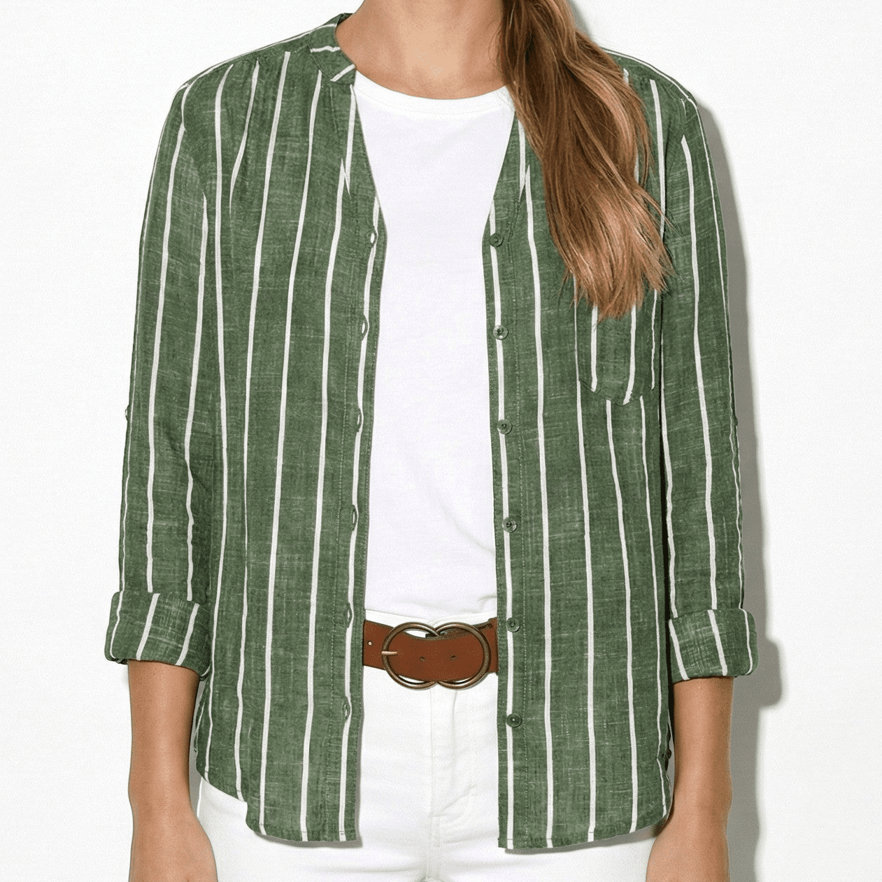 Women's Henley Blouse with Stand Collar and Stripe Pattern Roll-Up Sleeves with Tab made of Lightweight Blended Fabric
