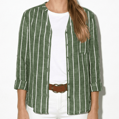 Women's Henley Blouse with Stand Collar and Stripe Pattern Roll-Up Sleeves with Tab made of Lightweight Blended Fabric